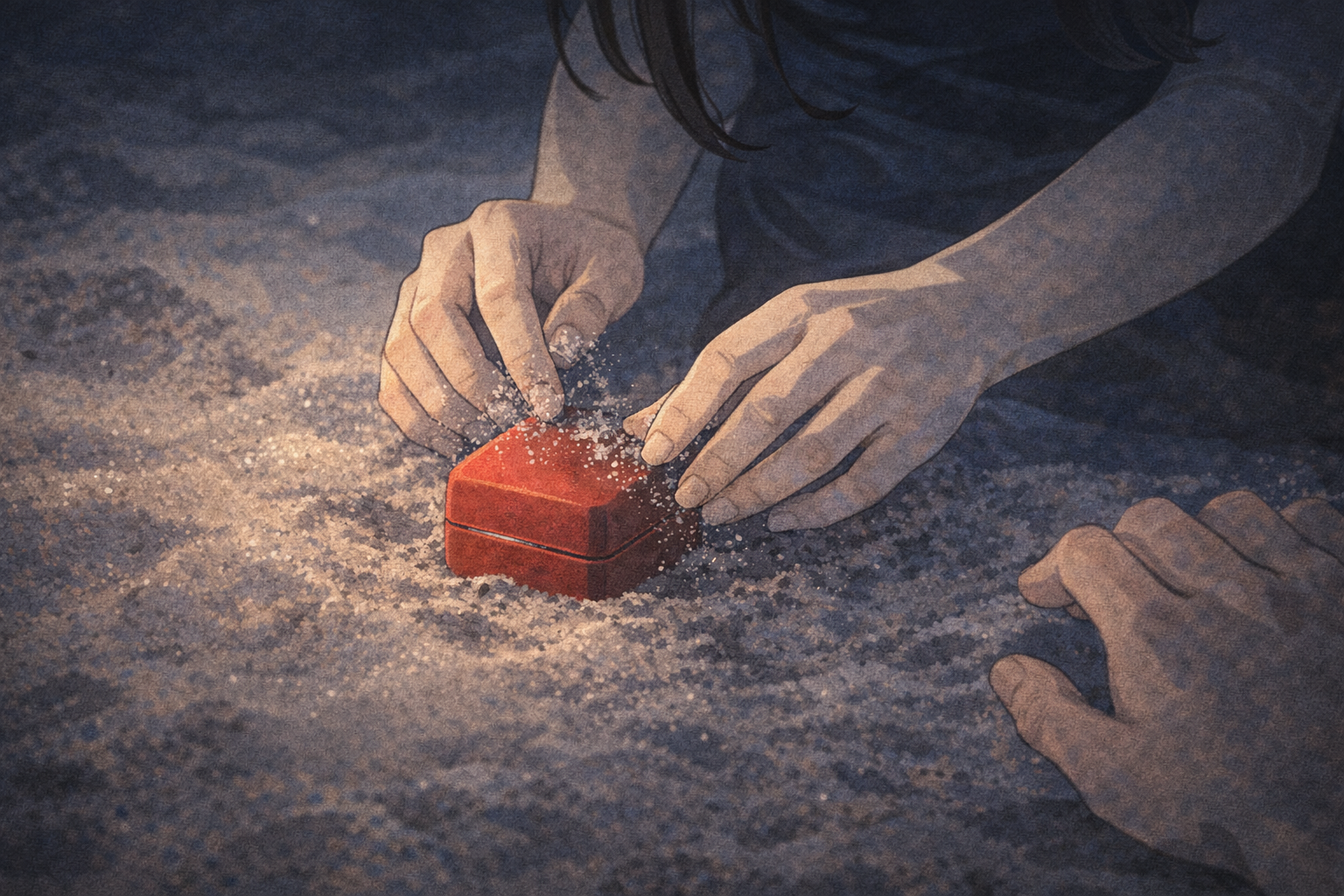 Close-up of hands on a beach at night — Mia brushing sand from a small red jewelry box. Moonlight catches her fingers and the red box.